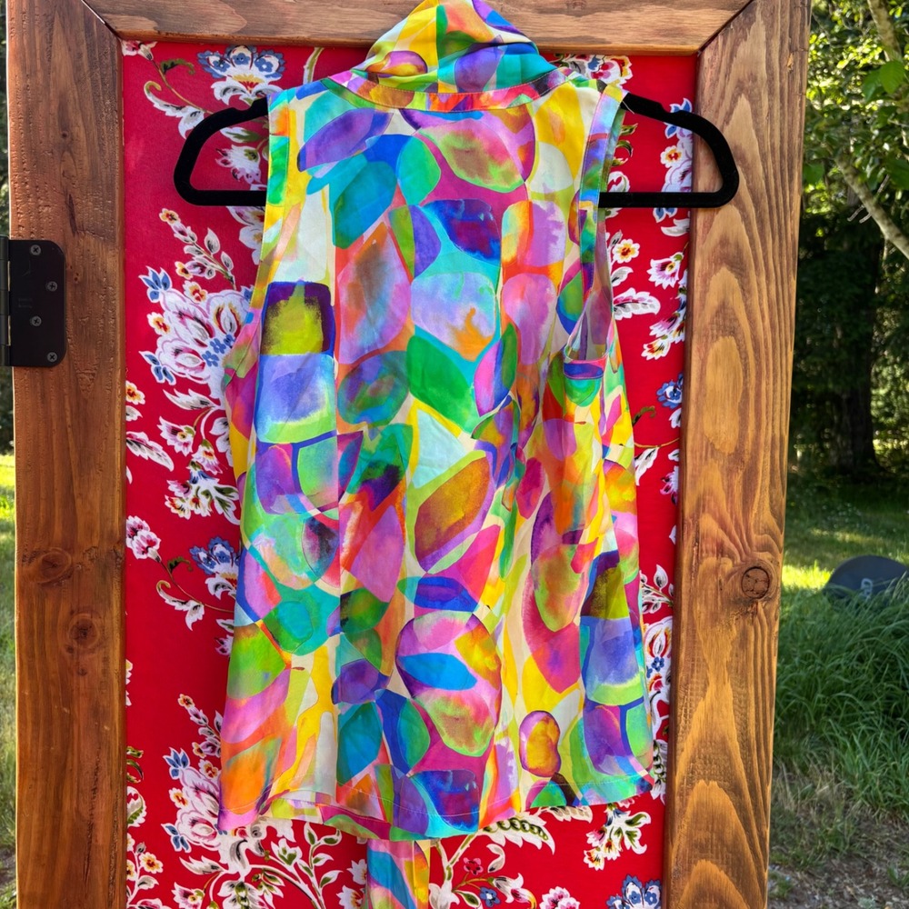 100% Silk Vibrant Multicolor Neck Tie Sleeveless Artsy Boho Chic Blouse Size S - Picture 12 of 13